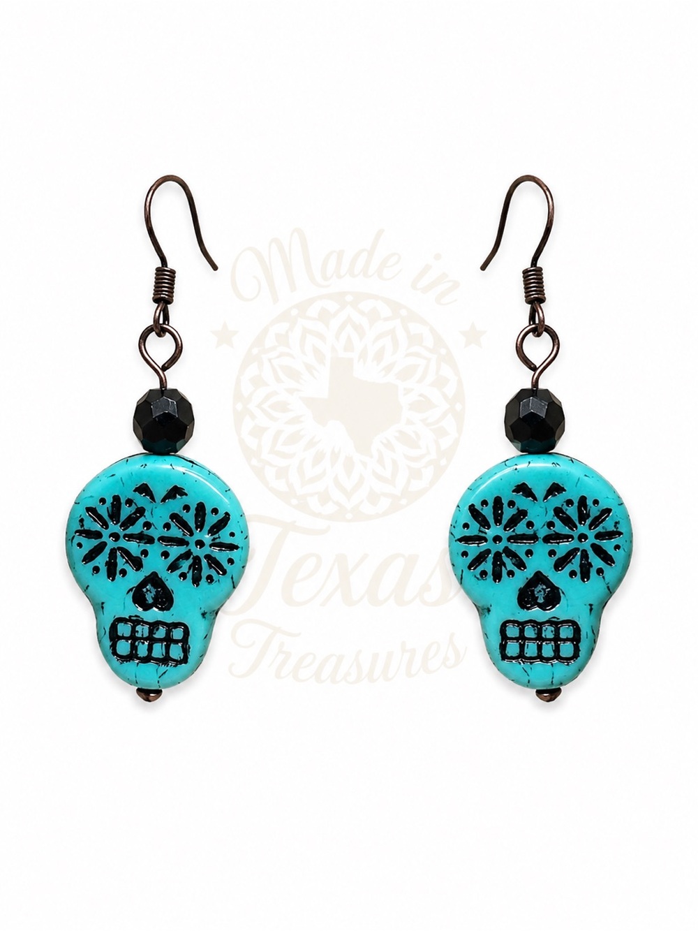 Turquoise Czech Glass Sugar Skull Drop Earrings